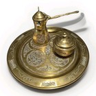 Antique Islamic Brass Coffee Set W   12    Tray  Dallah    Pot Silver Copper Inlay