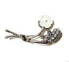 Mother-of-pearl Flower Brooch Pin W  Cz Stones Marcasite  925 Sterling Silver