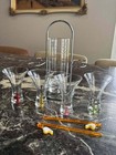 Vintage Circleware Blownglass Barware Pitcher 4 Martini Glasses   Chrome Caddy