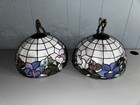 Pair Vintage Tiffany Hanging Ceiling Lamp Shade Floral Glass Nj Diner Gorgeous
