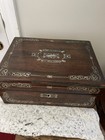 19 C Rosewood Mother Of Pearl Inlay Sewing Box Silk Covered Compartments Plus