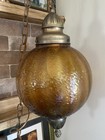 Vintage Amber Glass Swag Lamp Diamond Textured Globe Antiqued Metal Fixture
