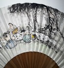 Antique Asian Hand-painted Naughty Folding Fan Scene   Calligraphy 21 Inches