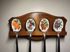 Vintage Avon Fruit Spoons Set Of 4 Porcelain Ceramic Handles Wooden Wall Rack