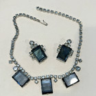 Vintage Circa 1950 s Blue Glass And Rhinestone Necklace   Earrings Set