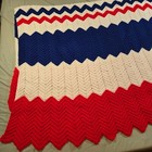 Vtg Crochet Afghan Throw Blanket Zig Zag Chevron Red White Blue Patriotic 45x70