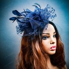 Blue Fascinator Hat With Veil Feathers Dots Mesh Headband Races   Tea Party
