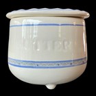 Vtg French Footed Butter Crock Cream Blue Stripe Stoneware Farmhouse Dish Signed