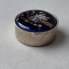 Vintage Enamel Pill Box Trinket Case Bird Flowers Floral Metal Blue