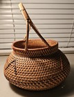 Vtg Round Hand Woven Basket With Handle  4 Inverted  v  Designs  In Red   Black