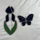Vintage Stained Glass Purple And Green Iris Purple Butterfly Suncatchers