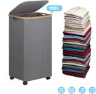 Large 100l Wheeled Clothes Basket With Bamboo Handles  Grey Hamper With Lid