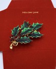 Holiday Lane Enamel Holly Leaf Brooch Pin Green Gold Red Round Rhinestone