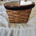 Vintage Sewing Basket Purse Woven Wood With Hinged Lid Trimmed With Velvet Bow