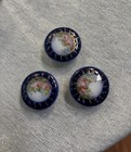 3  Antique Victorian Porcelain Hand- Painted Buttons Blue With Floral Design