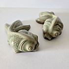 Vintage Rare Celedon Green Glazed Koi Fish Pair Of Figurines Asian Wall Art