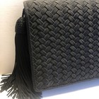 Jennifer Moore Black Basket Weave Clutch Purse Asian Inspired Tassel Handheld