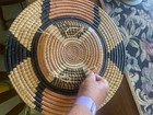 African Wall Basket Hand Woven Rwanda Bowl  Blue   White 18  