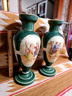 Fantastic Pair Of 15 5  Bristol Glass Victorian Scene Hand Pntd Clambroth Vases
