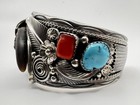 Authentic Vtg Navajo Silver Cuff Bracelet With Red Coral Turquoise And Claw  jt 