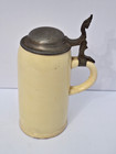Antique 1ltr  Early 1800 s German Pottery Pewter Lidded Beer Stein Mug Tankard