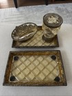 Vintage Vanity Set Quilted Lucite Gold Tone Brassy Trim Art Nouveau Style