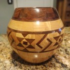 Wooden Turquoise Segmented Hand Crafted   Turned Round Bowl Artist Signed 3 5 