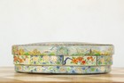 Vintage Oval Metalware Cookie Tin  English Floral   Gold Chinoiserie