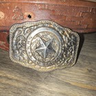 Vintage Western Texas Star Brown Leather Belt With Silver Metal Buckle