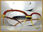Mens Classy 70s Retro Style Clear Lens Eye Glasses Gold   Faux Wood Wooden Frame
