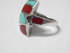 Vintage Zuni Turquoise Coral Sterling Silver Ring Cobblestone Pattern Sz  6 1 4