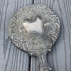 Vintage Silver Plated Metal Vanity Hand Mirror Ornate Embossed Floral  9 1 2   