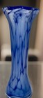 Vintage Hand Blown Art Glass Vase - Blue   White Swirl Ruffled Edge - Mcm