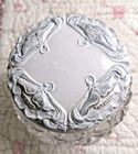Antique Pressed Glass Powder Trinket Dresser Vanity Jar Embossed Metal Lid