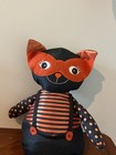 Folk Art Halloween Black Cat Shelf-sitter Doll Wearing An Orange Mask And Stripe