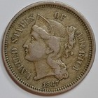 1867 Three Cent Piece  3c Nickel  Extremely Fine Condition  Free Shipping C7611
