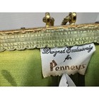 Vintage Penneys Wicker Sewing Basket Green Satin Tufted Lining Latch Handle Box