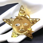 Vintage Five Pointed Star Face Brooch  Celestial Moon Pin  Signed Jj  2 1 2 Inch