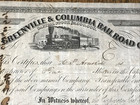 1853 The Greenville   Columbia Railroad Co  Capital Stock Certificate Signed