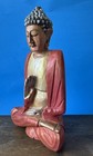 Vintage Stylized Hand Carved Hard Wood Seated Buddha Statue  Hand Painted 8 1 2   