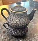 Vintage Cobalt Blue Stacking Teapot   Tea Cup Art Deco Fish Scale Design