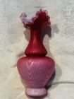 Victorian Diamond Quilted Pink Satin Glass Ruffled Top Vase Cased Hand Blown 9   