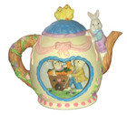 Vintage Bunny Teapot Porcelain Bisque Heart   Diorama With Light