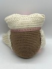 Vintage Handmade Crochet Owl Plush Toy Brown Cream With Pink Accents