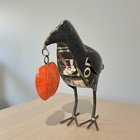 Recycled Scrap Metal Crow With Pumpkin Statue 14 5  X 10 5  Fall Halloween Decor