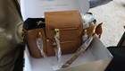 Mamantra  Leather Diaper Bag Purse Caramel Latte Gold Zippers Stylish Tote