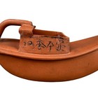 Vintage Old Yixing Teapot Clay Boat Pagoda Pattern Chinese Calligraphy Markings
