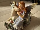 Fantasy Fairy Figurine Statue In Blue Dress With White Unicorn