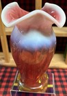 Gibson Glass Uranium Cranberry Crimped Vase With Glitter Inside The Glass  Rare