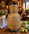 Vintage M r Germany Relief Stoneware Pitcher Jug 889 2 11  Tall Tavern Beer Ewer